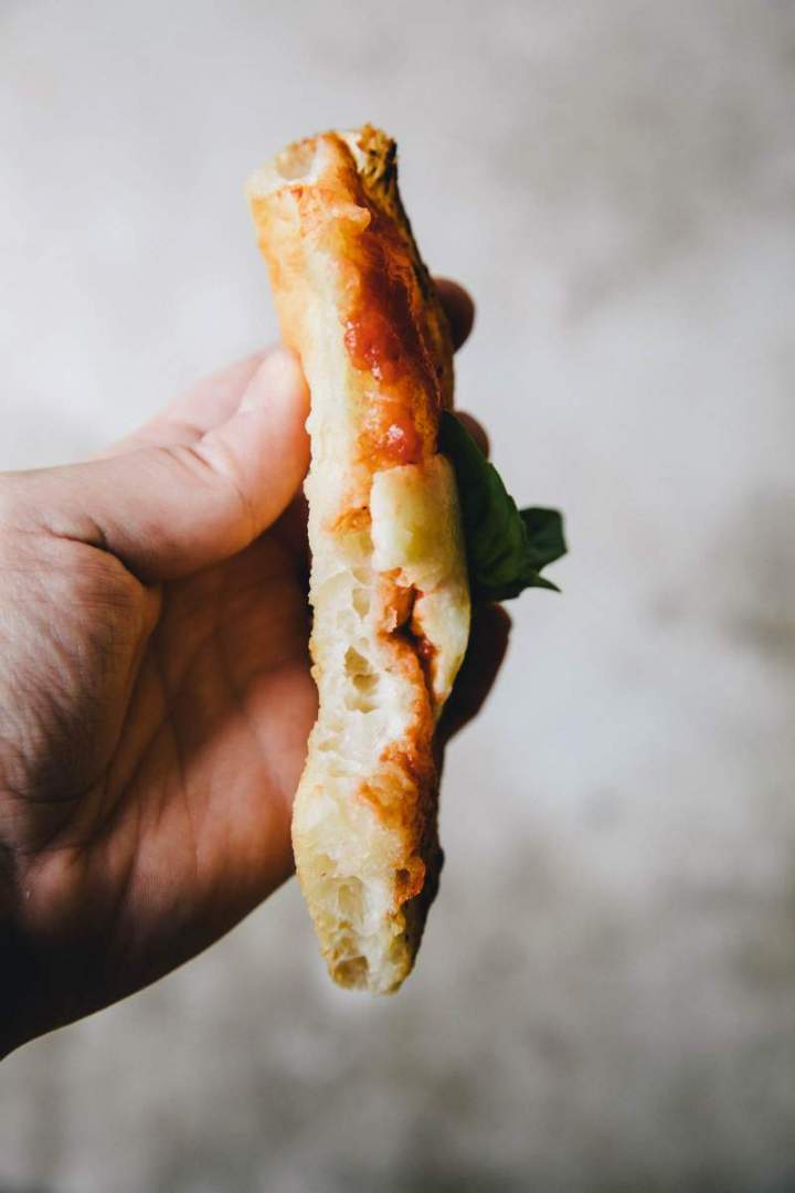 Crispy, soft pizza dough, fried then baked