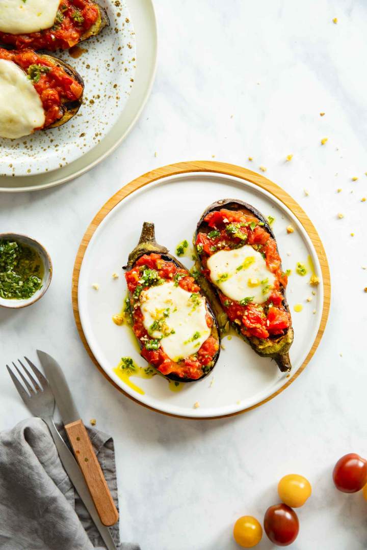 Grilled Eggplant Steaks with Mozzarella Cheese and Tomato Sauce