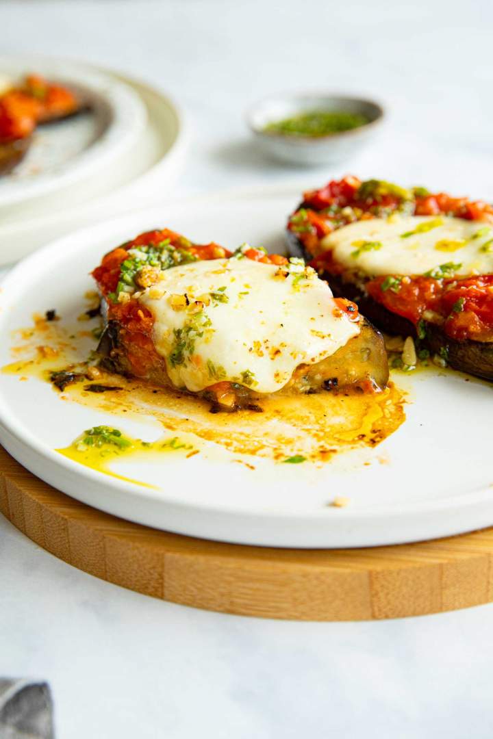 Grilled Eggplant Steaks with Mozzarella Cheese and Tomato Sauce