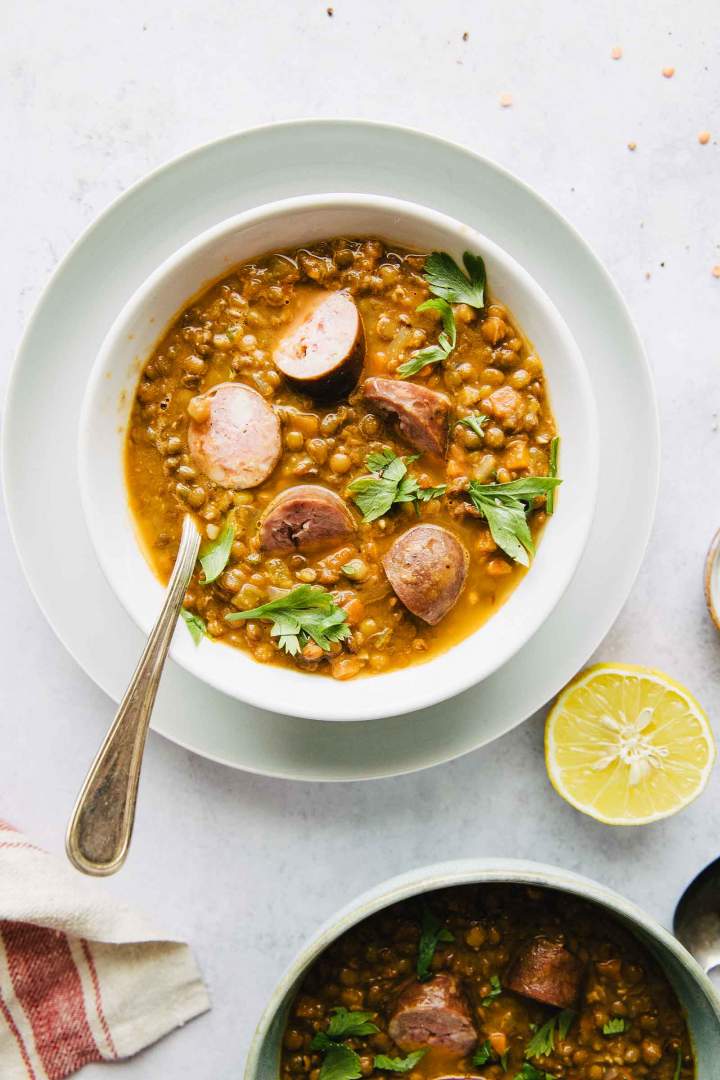 Lentil stew with cooked sausage