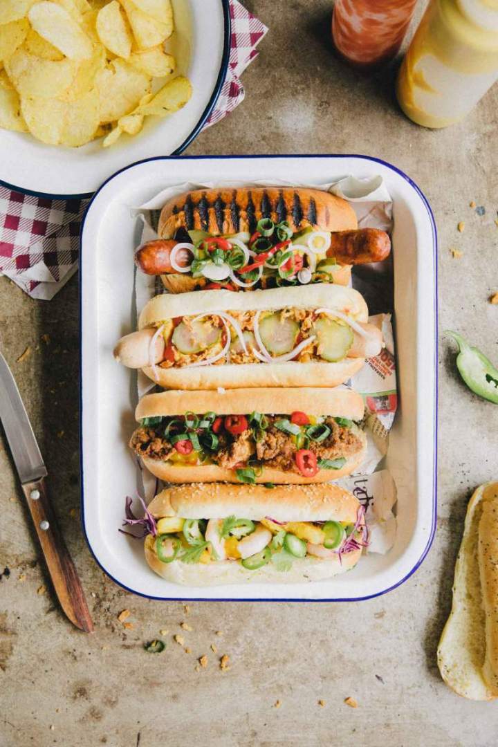 Soft, Homemade Hot dog buns with toppings