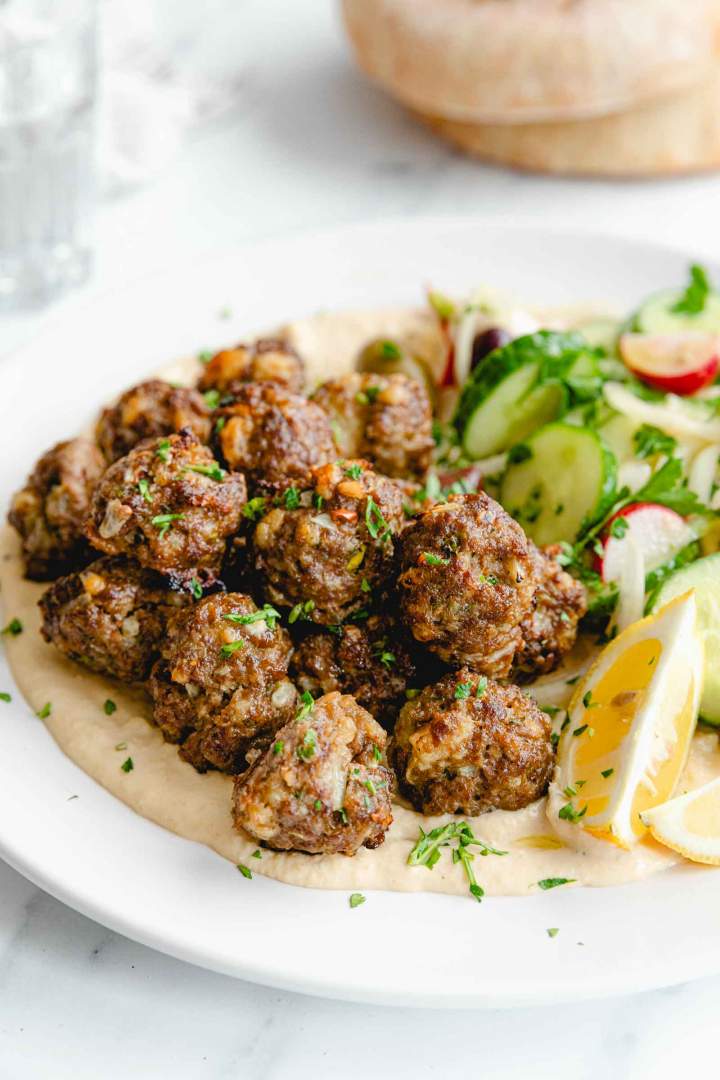 Easy Mini Oven Baked Meatballs served with Hummus