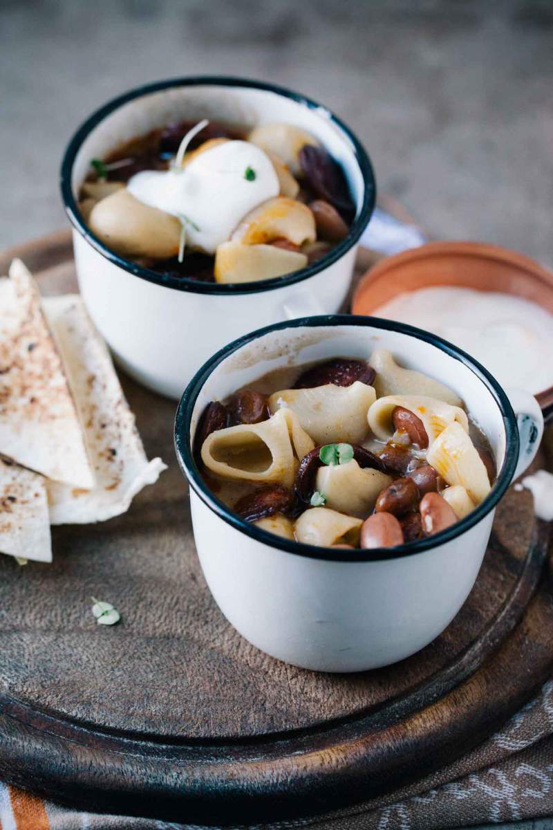 Pasta and beans stew with chorizo