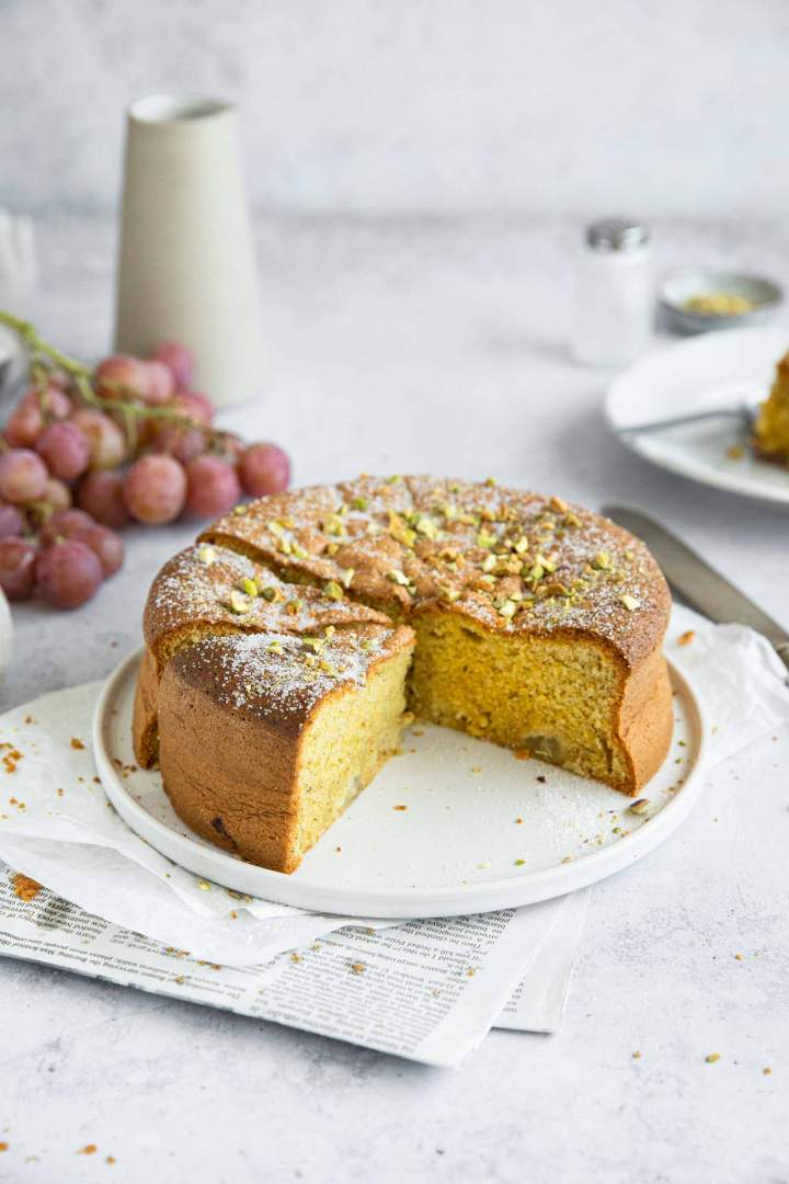 Pistachio Polenta Cake with Olive Oil and Rosemary and Grapes