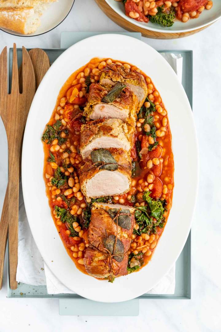 Pork Tenderloin Wrapped in Prosciutto with Beans
