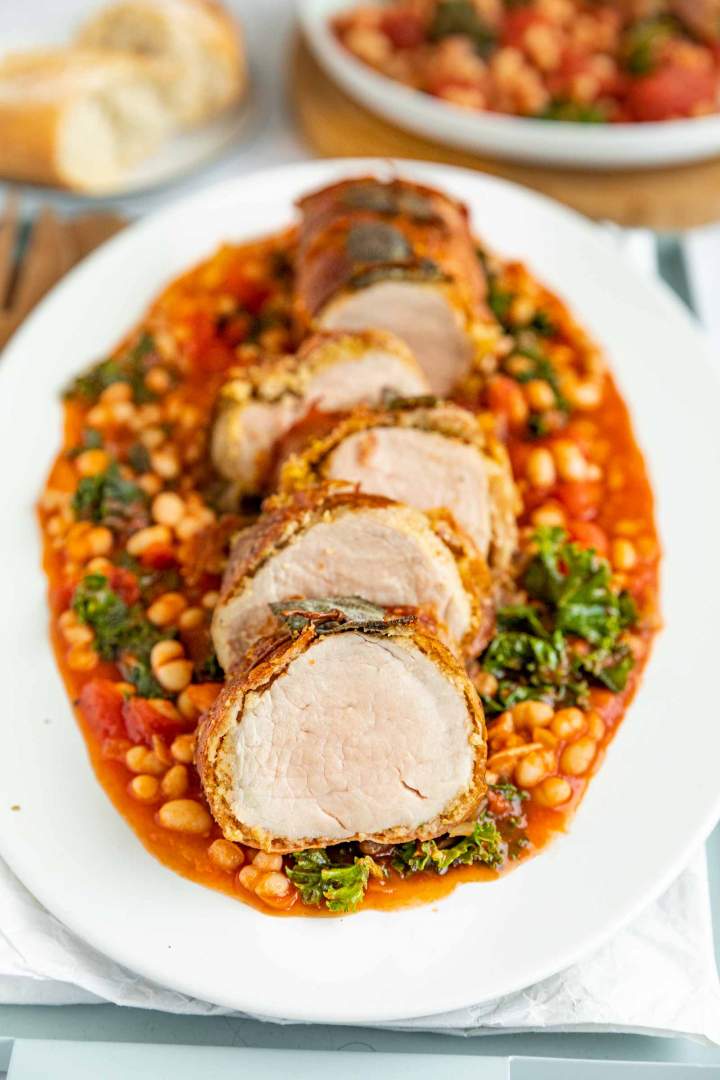 Pork Tenderloin Wrapped in Prosciutto with Beans and Tomato