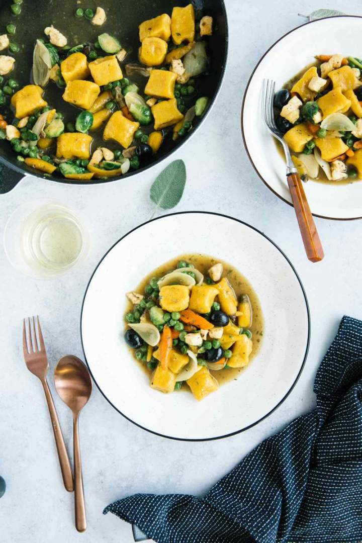 Pumpkin Gnocchi with Chicken, Peas and Carrots