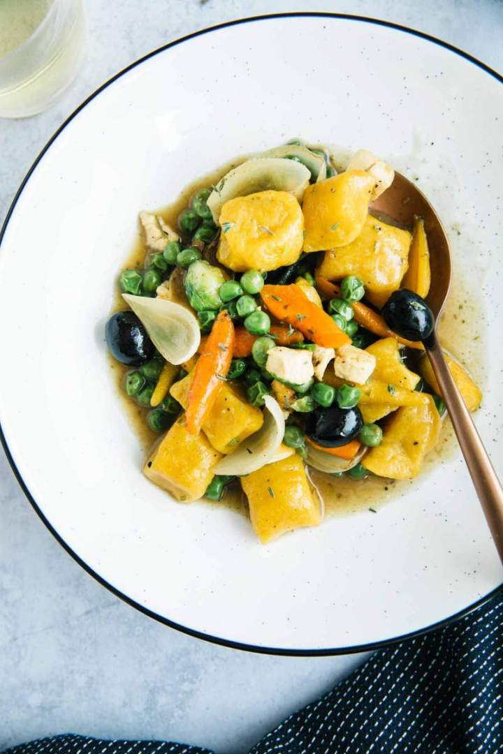 Pumpkin Gnocchi with Chicken, Peas and Carrots