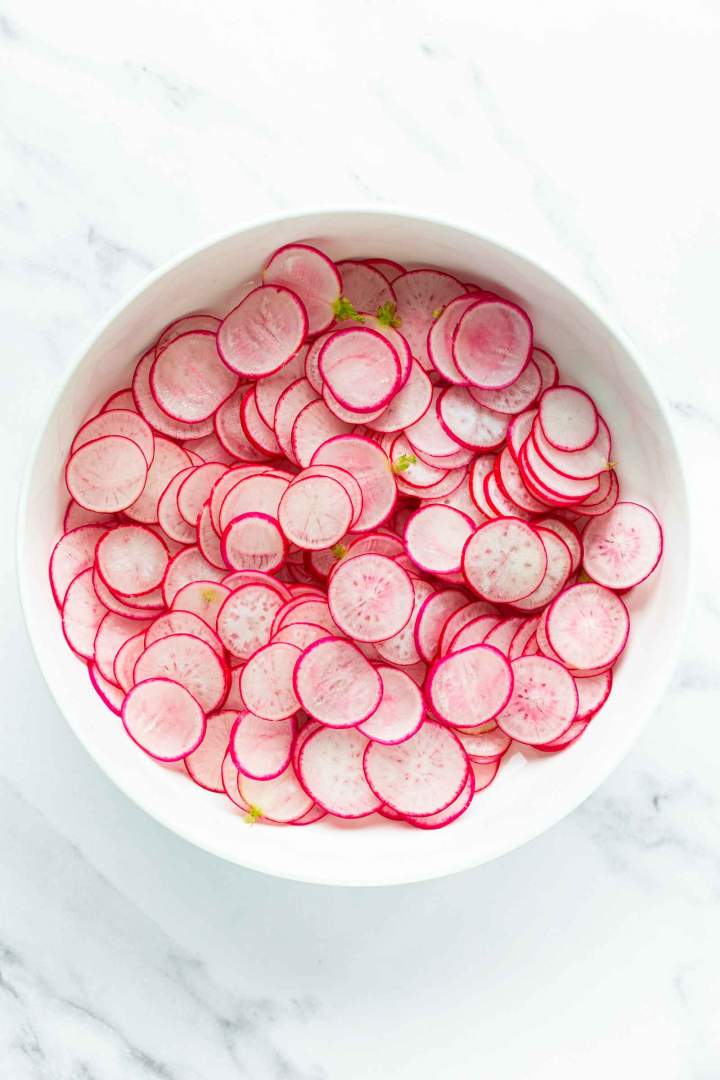 Sliced radishes for Quick Pickled Radishes
