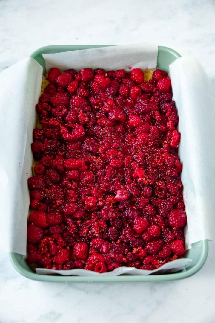 macerated raspberries for rapsberry crumble bars