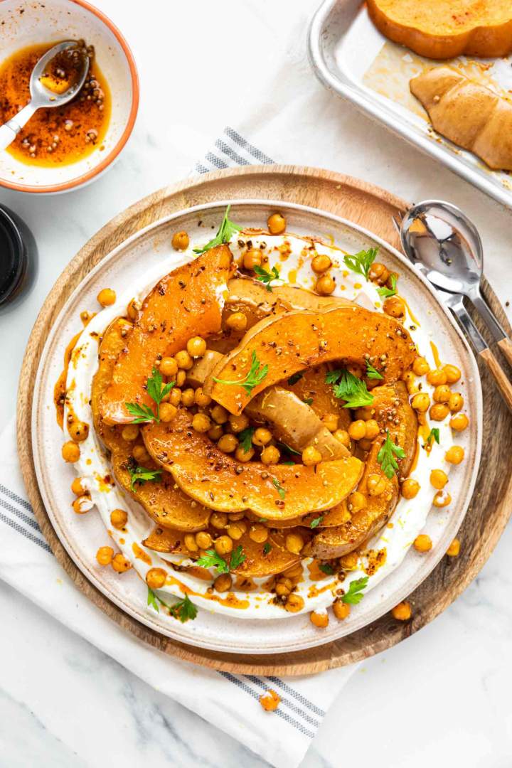 Oven Roasted Squash with Chickpeas and Yogurt and Harissa