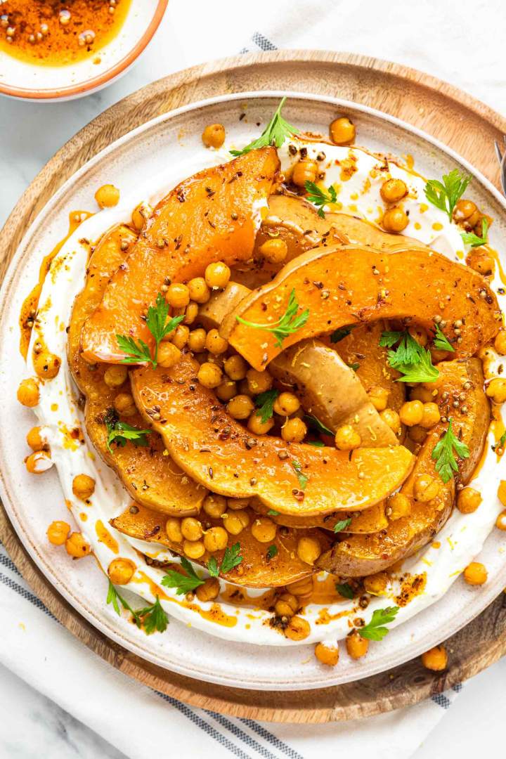 Oven Roasted Squash with Chickpeas and Yogurt  and Parsley