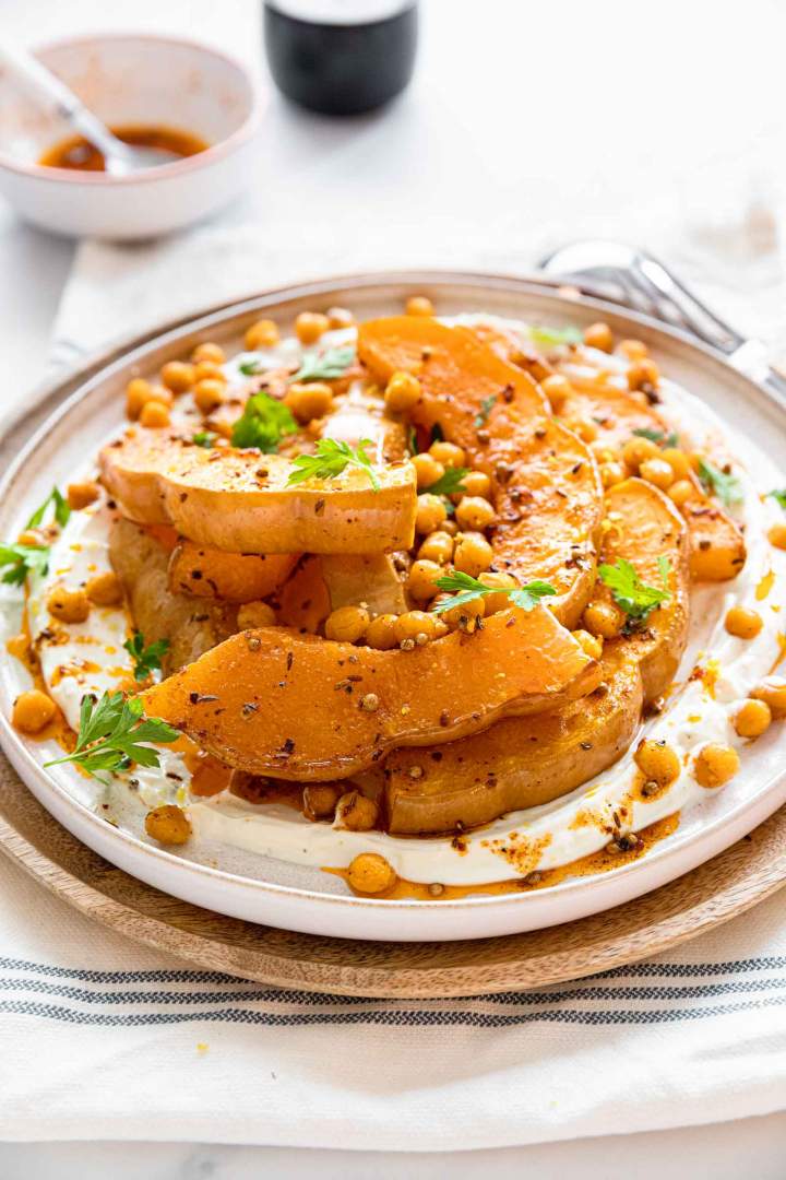 Oven Roasted Squash with Chickpeas and Yogurt 