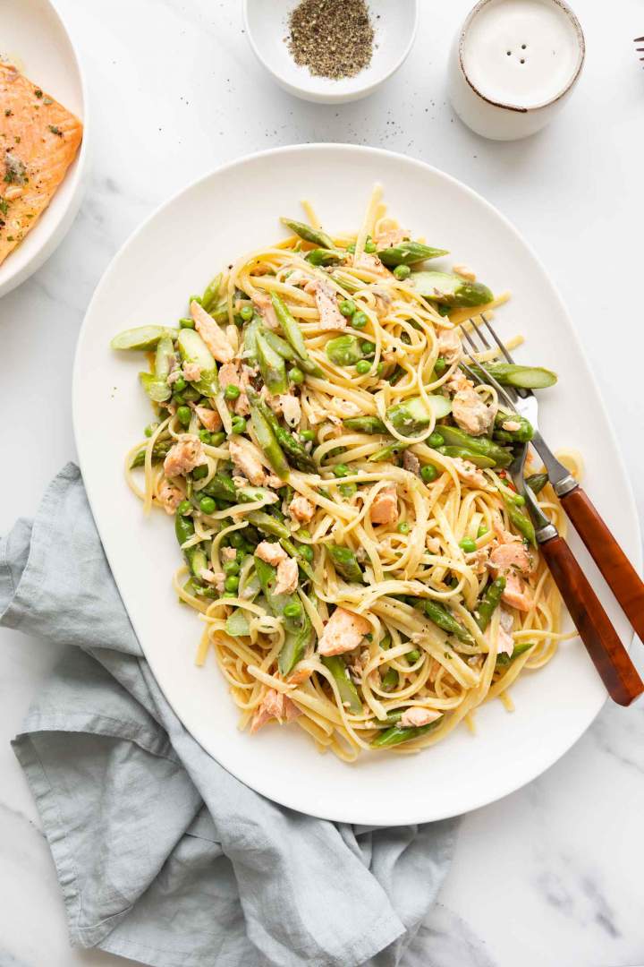Salmon Pasta with Asparagus and Peas