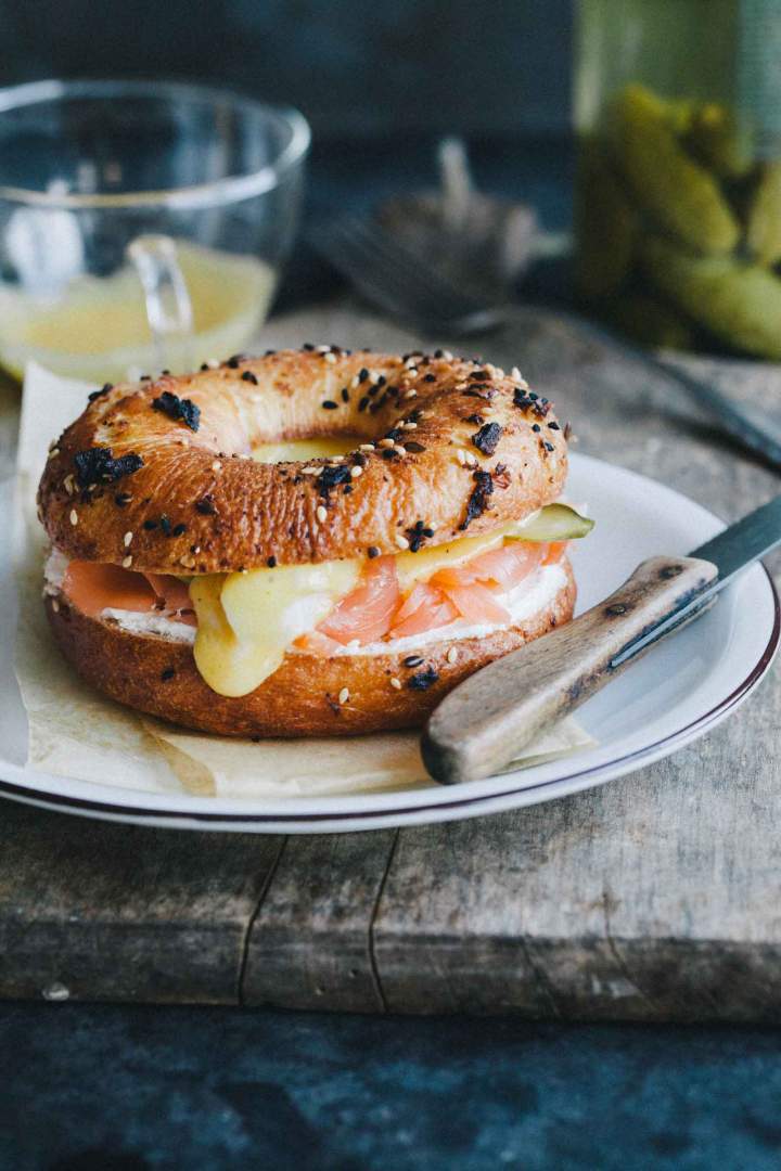 Sandwich with salmon, egg and hollandaise sauce