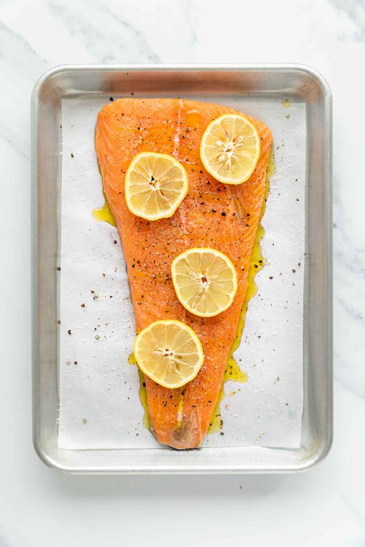 Salmon fillet with lemon before baking