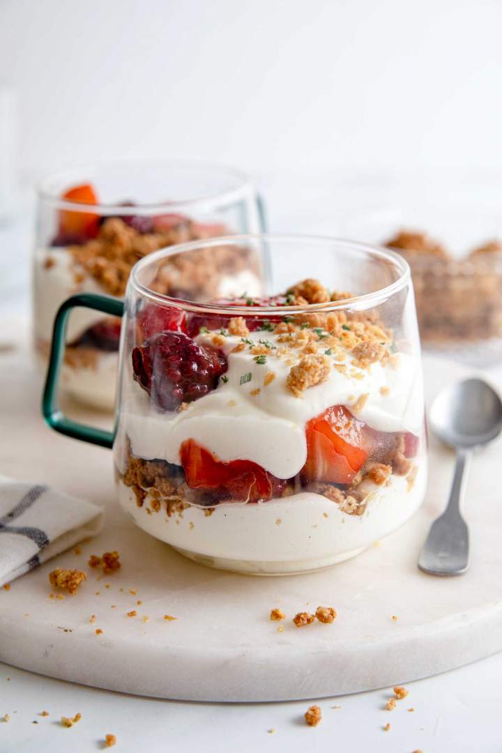 Greek Yogurt Cream with Peaches, and Crumble