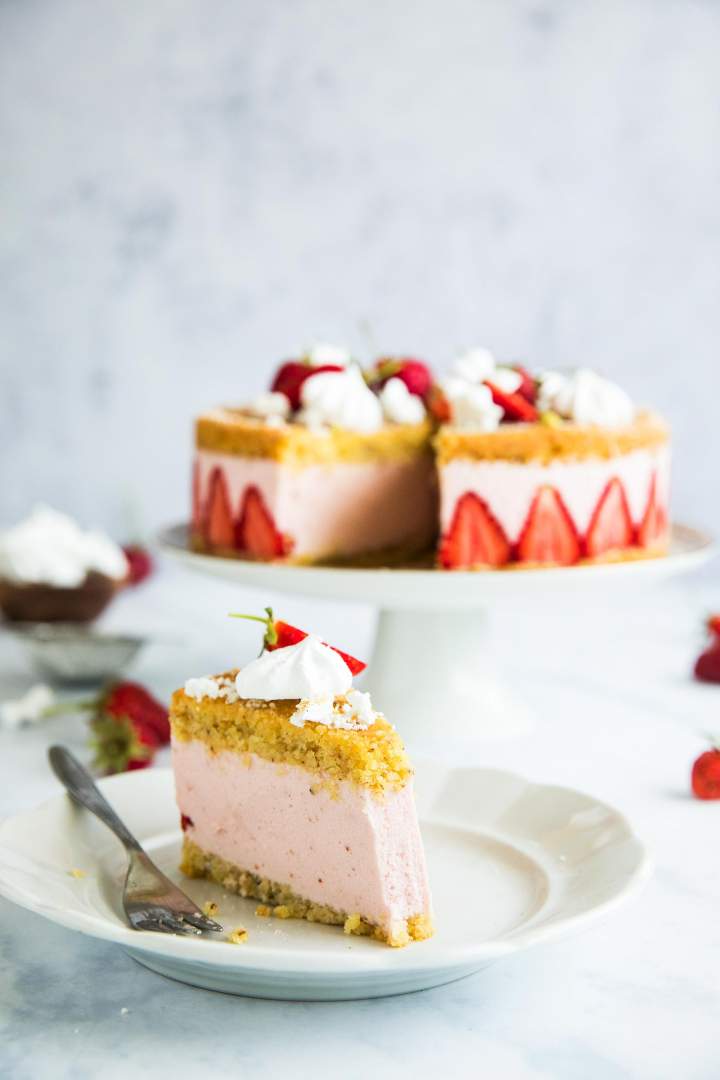 Slice of homemade strawberry mousse cake