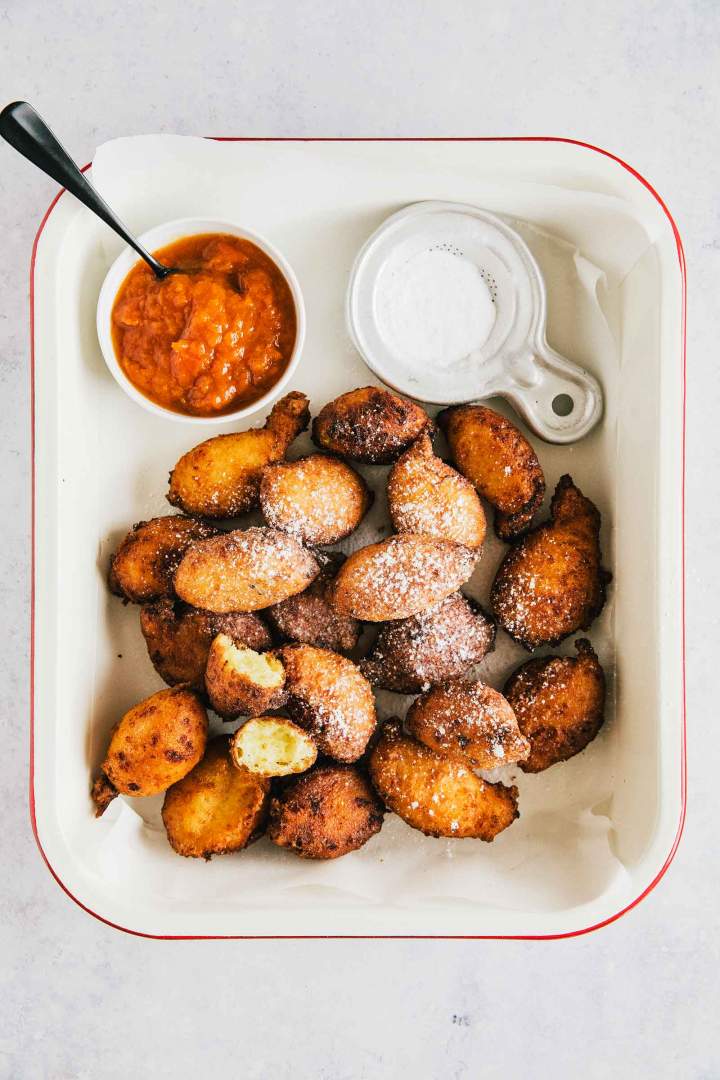 Sweet Lemon Ricotta Fritters dusted with icing sugar