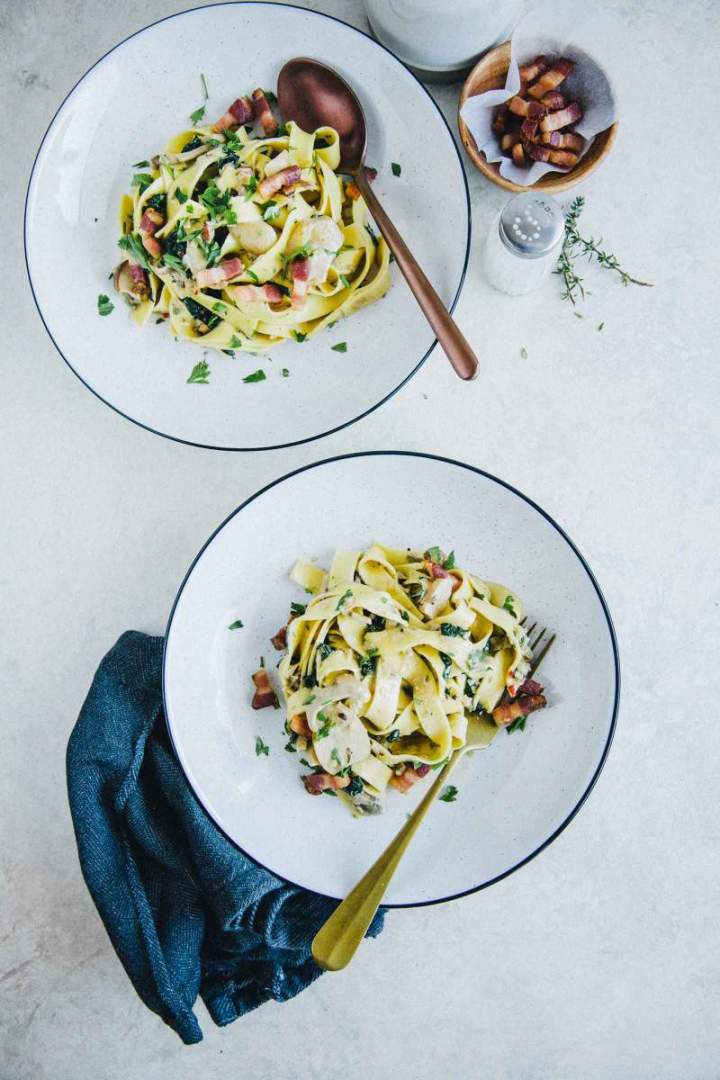 Tagliatelle with Mushrooms, Kale and Pancetta