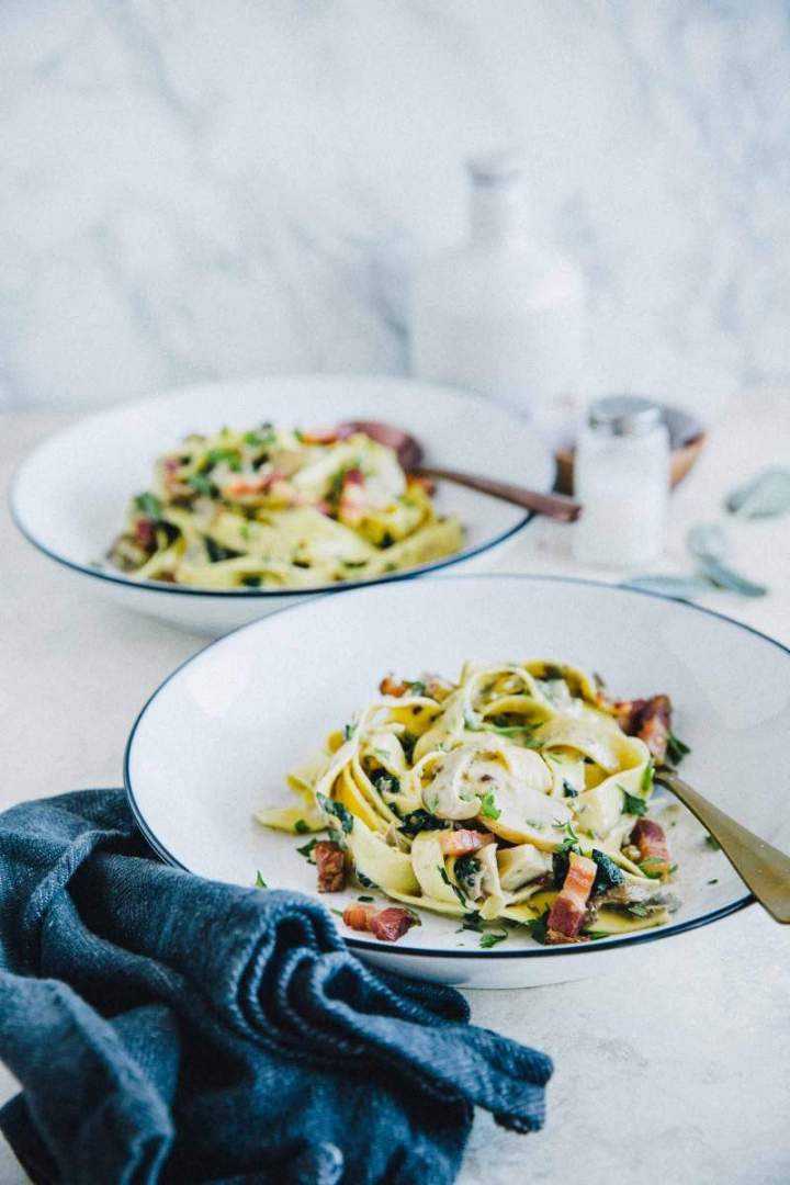 Tagliatelle with Mushrooms, Kale and Pancetta