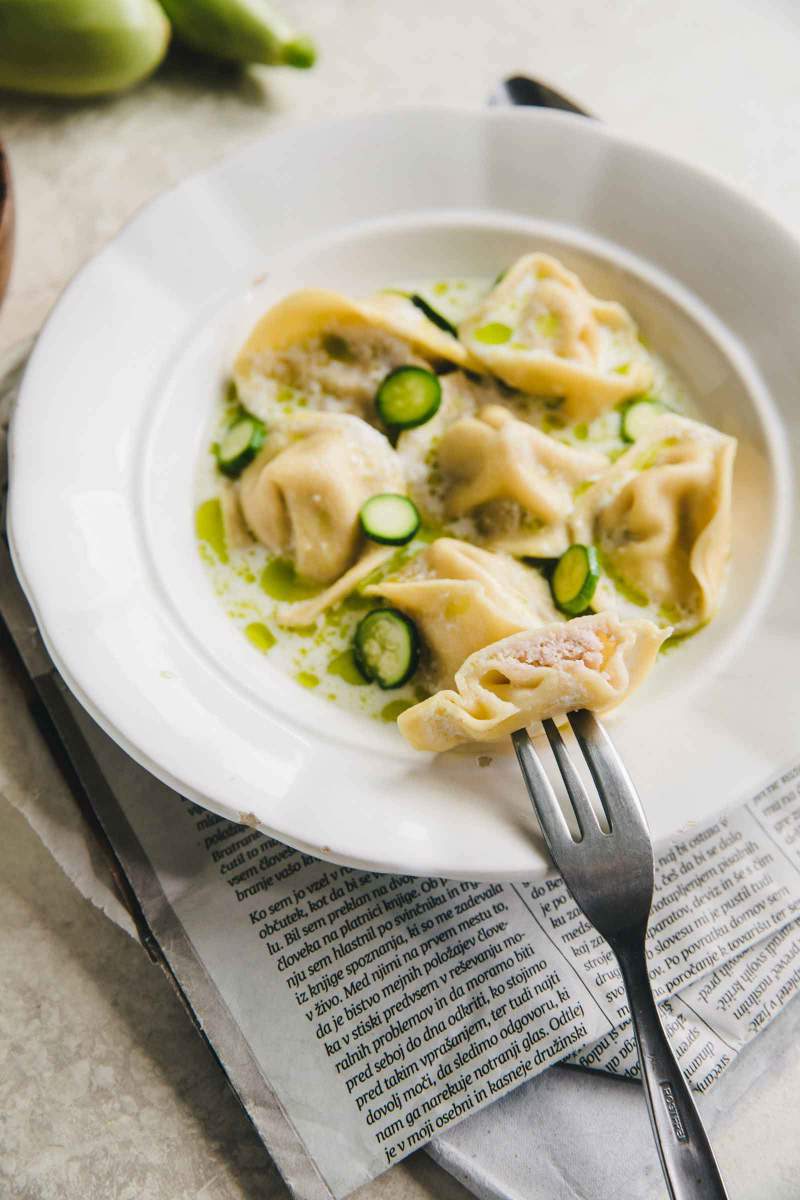 Tortellini stuffed with mortadella and lovage sauce