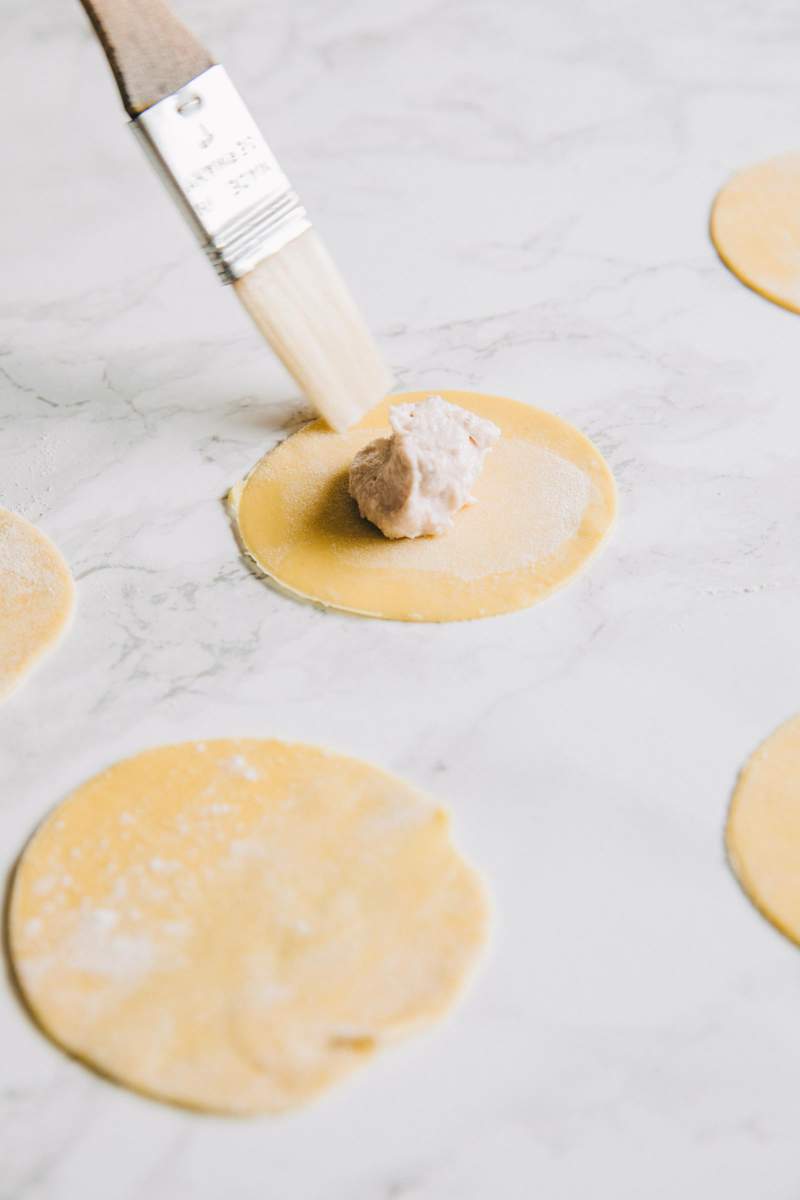 Stuffing pasta circles for Tortellini stuffed with mortadella and lovage sauce