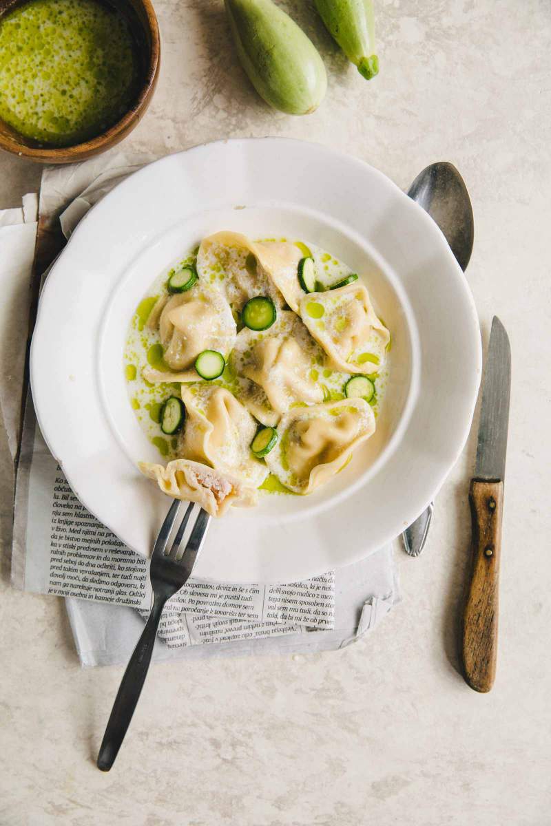 Tortellini stuffed with mortadella and lovage sauce