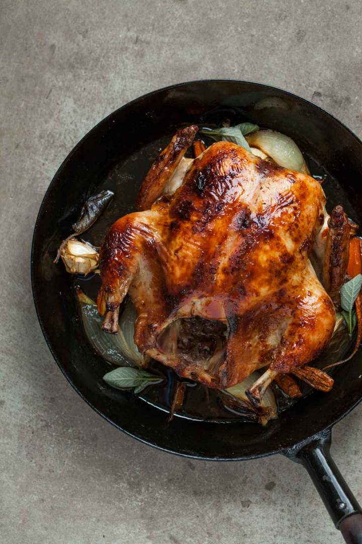 Whole roasted chicken with black chai glaze