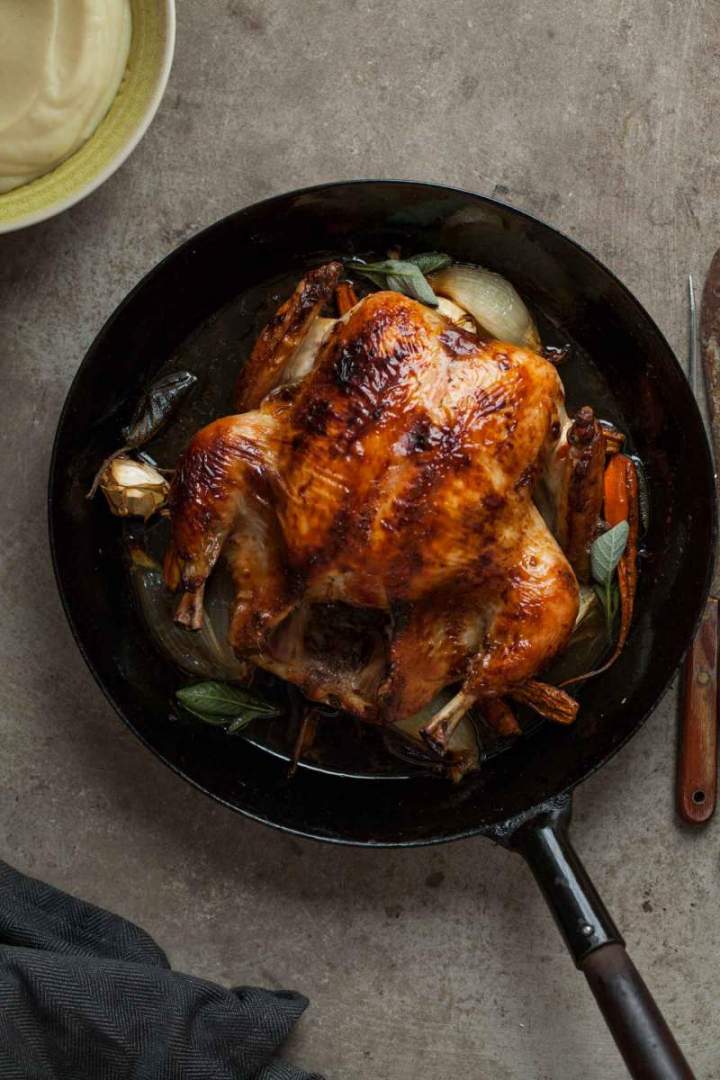 Whole roasted chicken with black chai glaze with puree