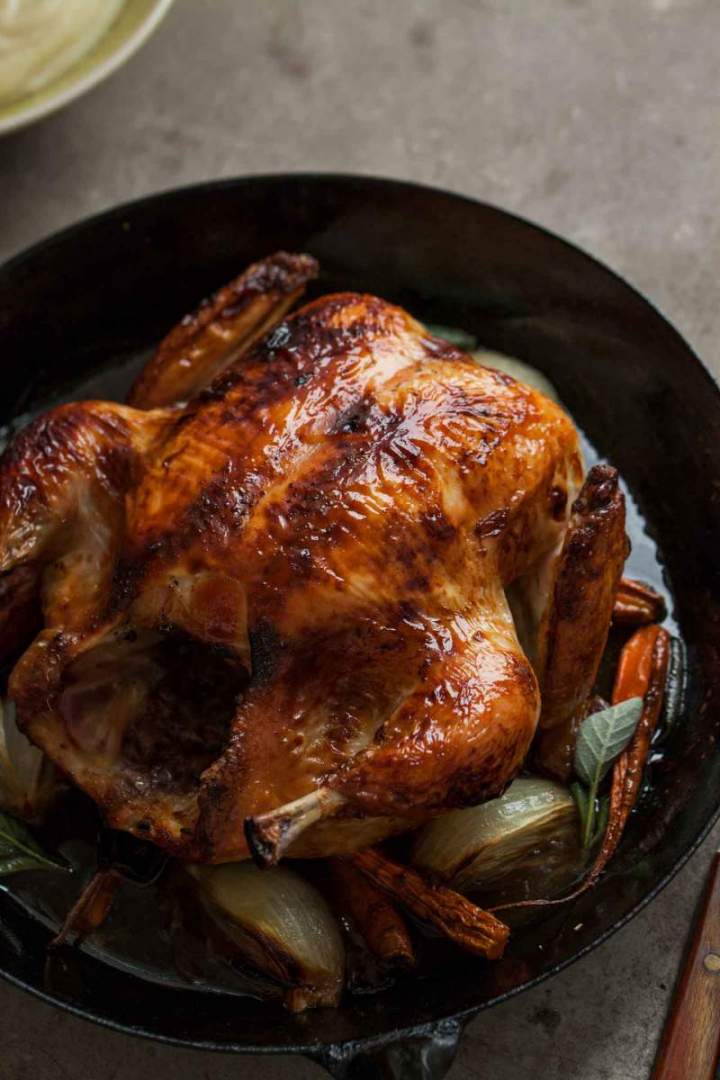 Juicy Whole roasted chicken with black chai glaze